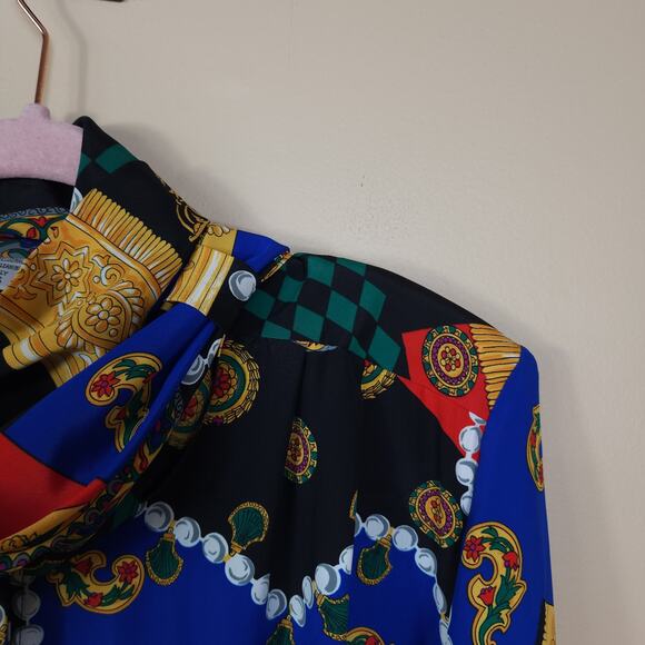 Vintage Sateen Long Sleeve Printed Bow Blouse Size 16 - Picture 3 of 12